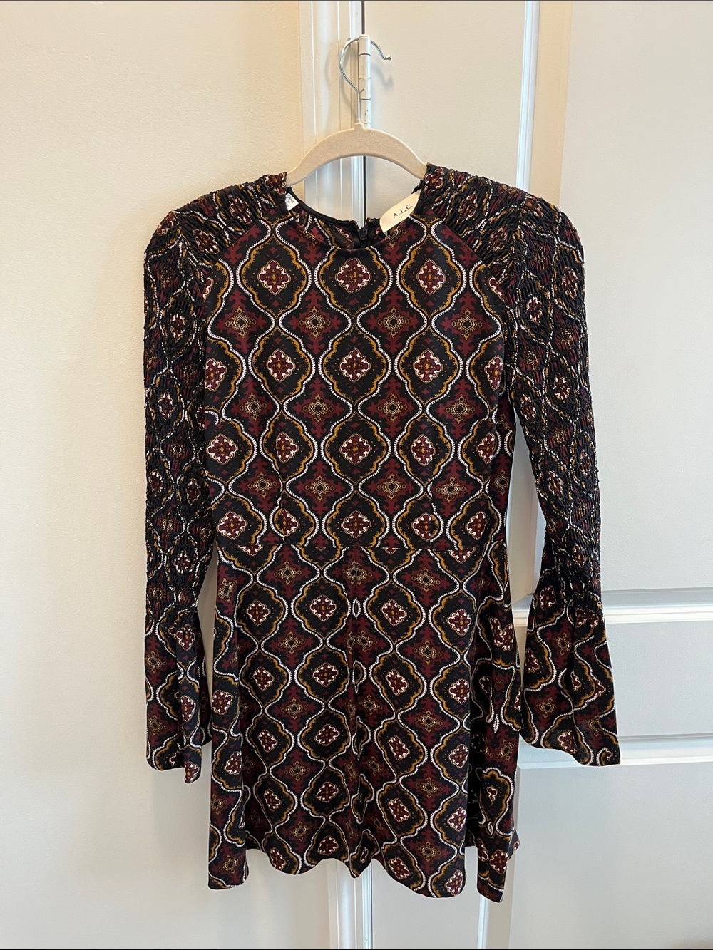 A.L.C. Burgundy and Black Geometric Long-Sleeve Dress
